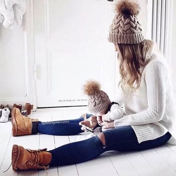 Last one! Cream Mommy and me pom pom beanie/ hats - Picture 3 of 3